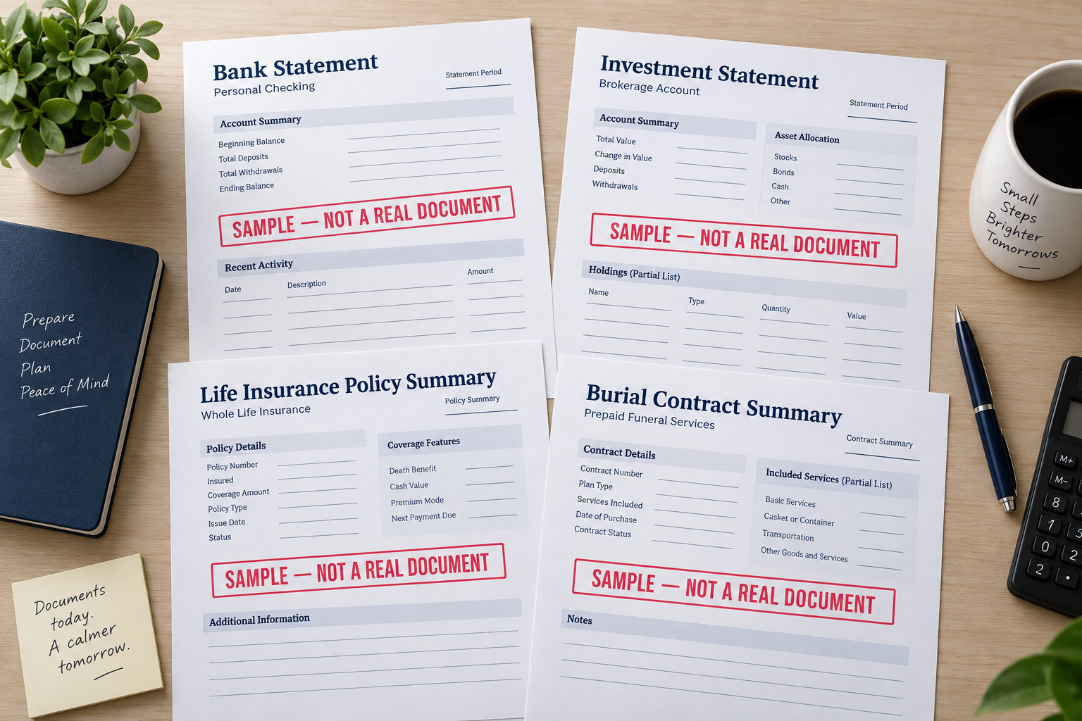Sample bank statement, investment statement, life insurance policy and burial contract.