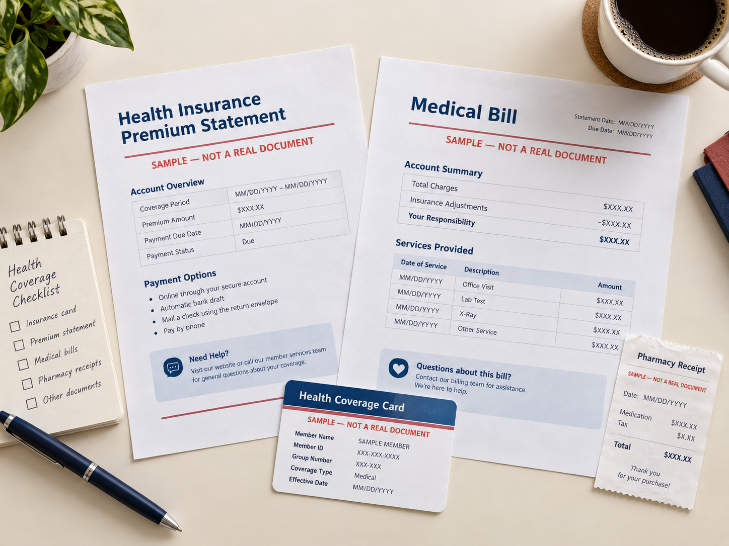Sample health coverage card, premium statement and medical bill.