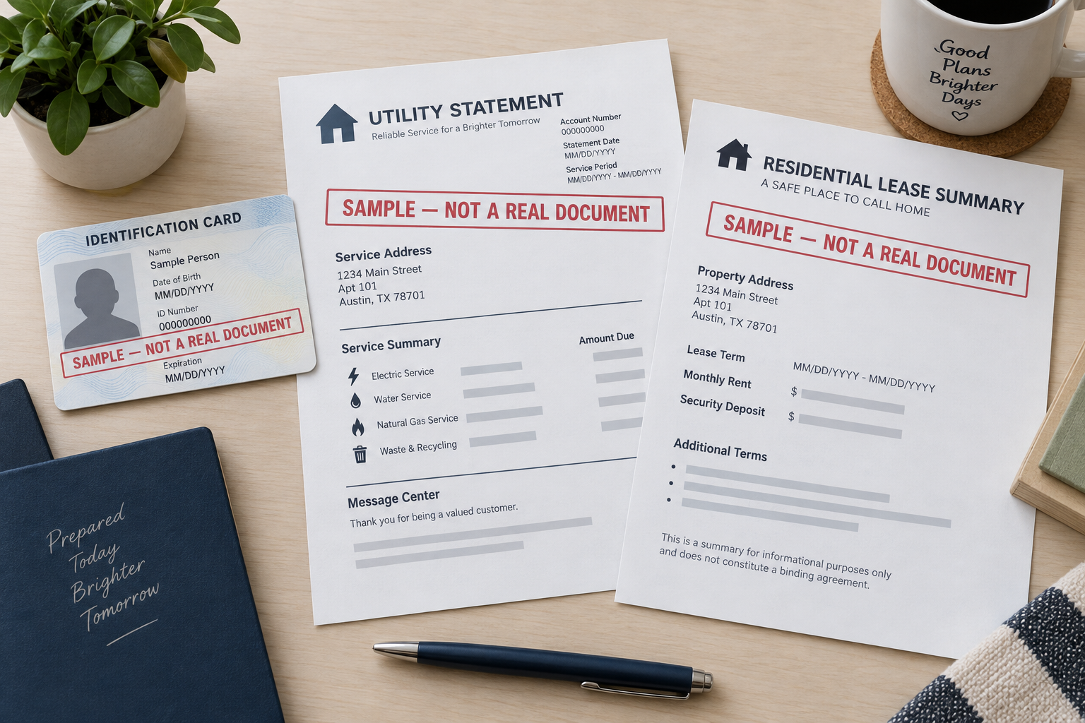 Illustrations of a photo ID and an address record, both clearly marked SAMPLE.