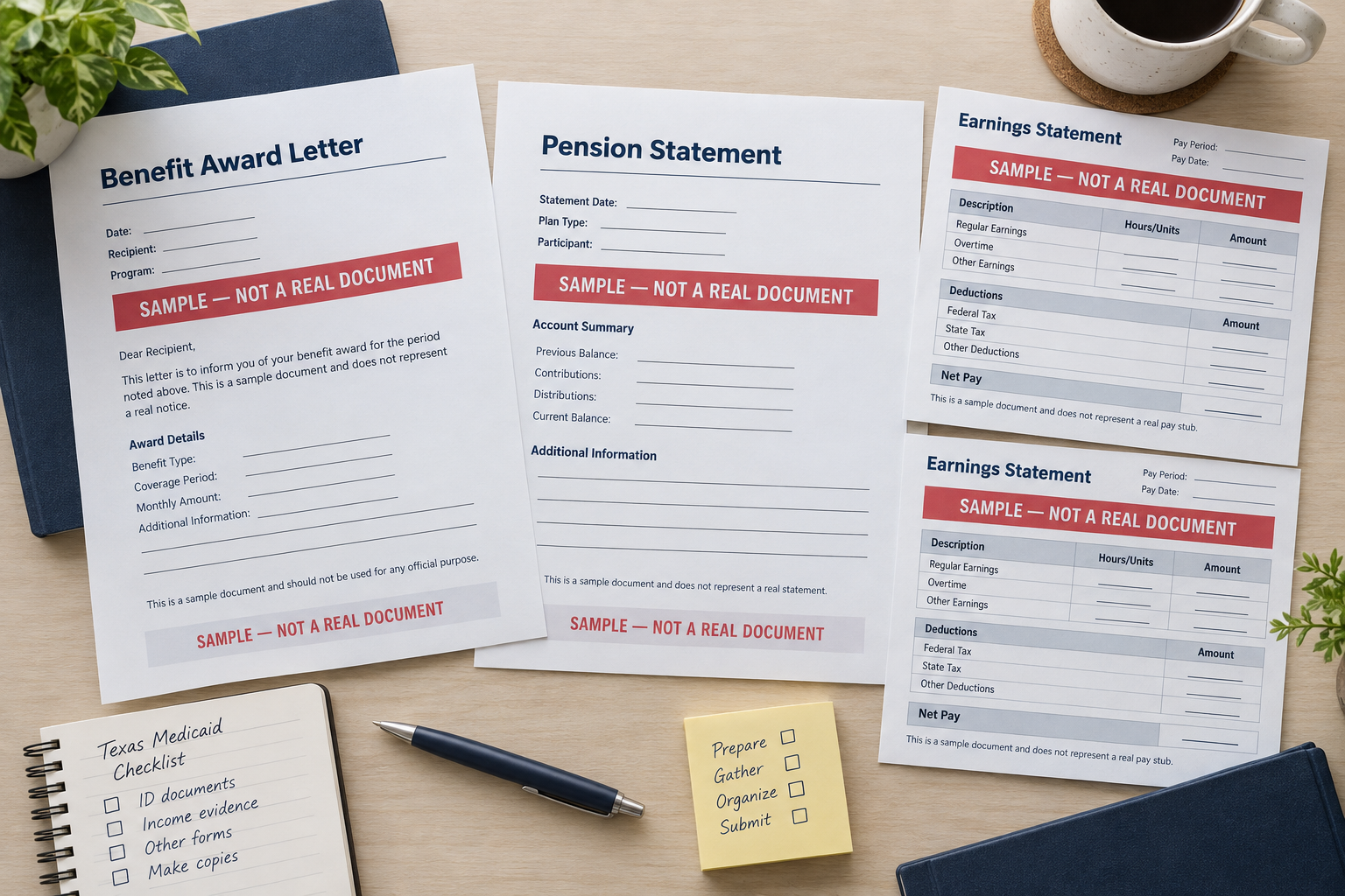 Sample benefit letter, pension statement and pay stub with no personal information.