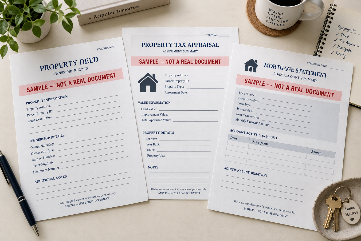 Sample deed, property tax appraisal and mortgage statement.